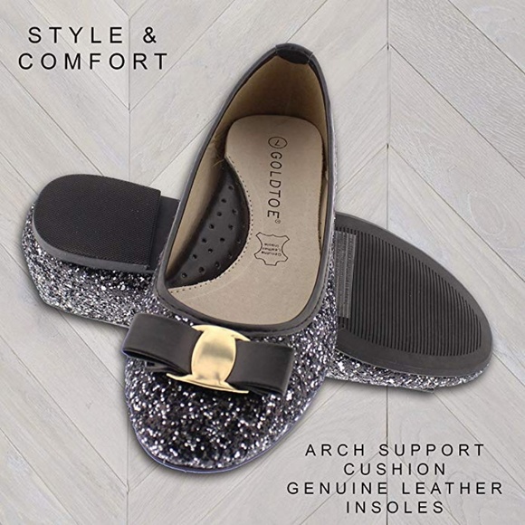 Black sequin gold bow black leather flats - Picture 2 of 7